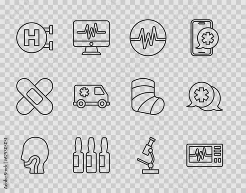Set line Sore throat, Monitor with cardiogram, Heart rate, Medical vial, ampoule, Hospital signboard, Emergency, Microscope and Dialogue the doctor icon. Vector