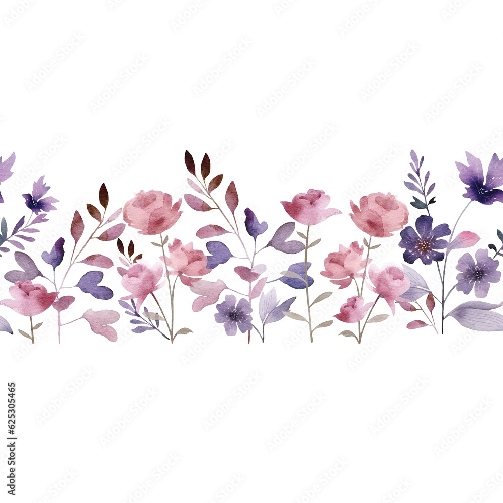 Seamless border with delicate pink and purple flowers, watercolor illustration.
