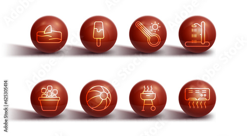 Set line Shark fin in ocean wave, Ice bucket, Beach shower, Barbecue grill, ball, cream, Air conditioner and Meteorology thermometer icon. Vector