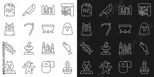 Set line Bottle with potion, Zombie finger, Ghost, Garden fence wooden, Scythe, Owl bird, Tombstone RIP written and Halloween witch cauldron icon. Vector