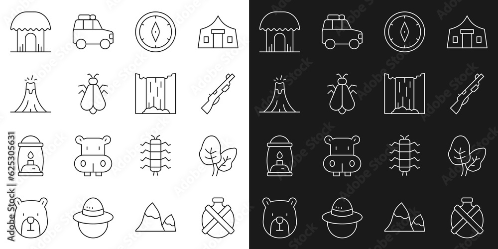 Set line Canteen water bottle, Tropical leaves, Hunting gun, Compass, Mosquito, Volcano eruption, African hut and Waterfall icon. Vector
