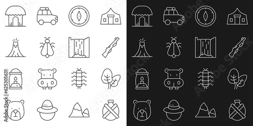 Set line Canteen water bottle, Tropical leaves, Hunting gun, Compass, Mosquito, Volcano eruption, African hut and Waterfall icon. Vector