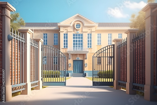 School building facade exterior with opened metal gate at sunny day. Generative AI
