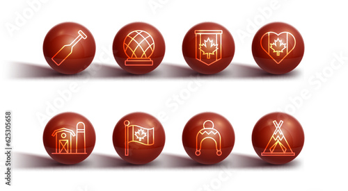 Set line Paddle, Farm house, Heart shaped Canada flag, Winter hat, Flag of, Montreal Biosphere, Indian teepee or wigwam and Pennant icon. Vector