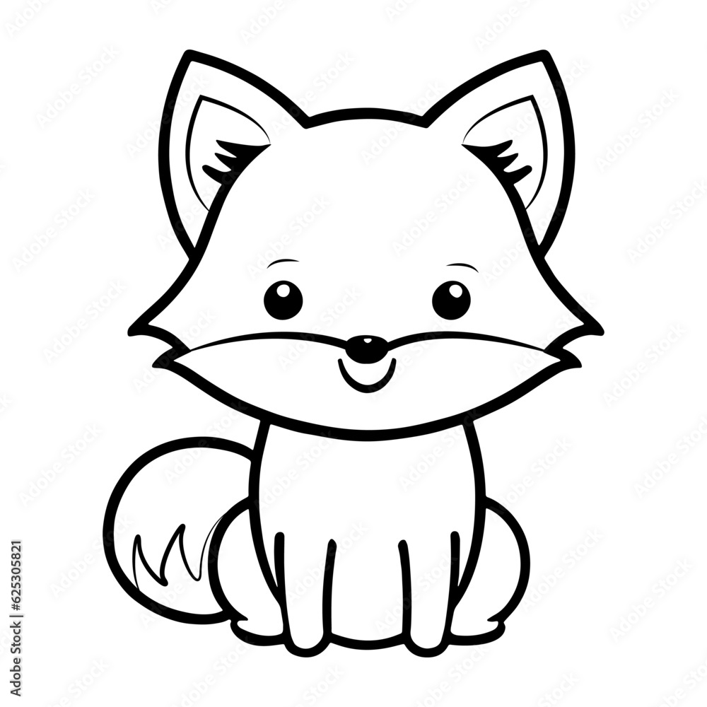 Cute fox isolated on white background. Coloring page Flat Vector illustration