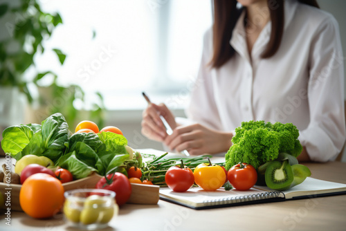 Nutritionism. fresh vegetable and fruit on desk with nutritionist female doctor working at office hospital, nutrition, diet plan, nutrition, food science, healthy food concept, Generative AI