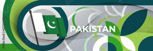 Pakistan national day banner, flag colors background and geometric abstract modern green white design. Pakistani flag independence day corporate business theme. Islamabad Vector Illustration.