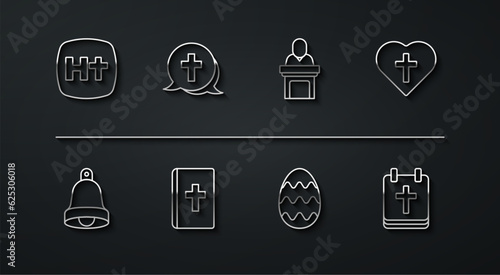 Set line Christian cross, Church bell, in heart, Easter egg, Holy bible book, Calendar with and pastor preaching icon. Vector