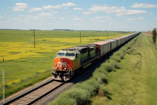 Freight train with cargo containers. Cargo train platform. Train wagons carrying cargo containers for shipping companies. Distribution, freight transportation using railroads. Made With Generative AI.