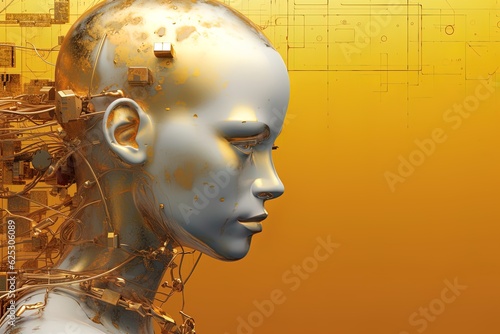 Female AI robot, cyborg face on data golden background. Data processed by humanlike artificial intelligence. Futurology, sci-fi, fantasy, transhumanism, future, technology in humanlike mannequin.