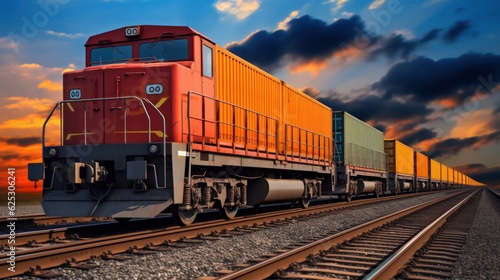 Freight train with cargo containers. Cargo train platform. Train wagons carrying cargo containers for shipping companies. Distribution, freight transportation using railroads. Made With Generative AI.