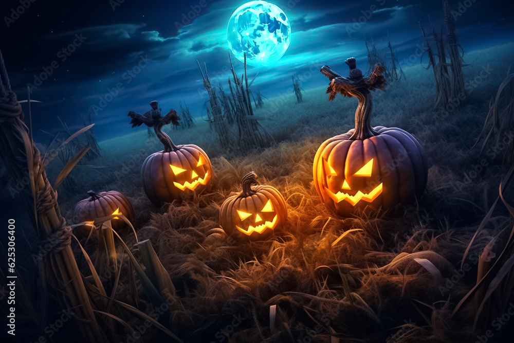 Fototapeta premium Halloween pumpkins Devil on dry rice straw in Horrow Halloween night. Generative AI.