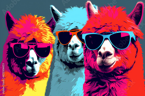 Three colorful alpacas wearing sunglasses funny pop art illustration - Generative AI © mr_marcom