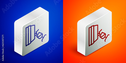Isometric line Wine tasting, degustation icon isolated on blue and orange background. Wooden barrel for wine with glass. Silver square button. Vector