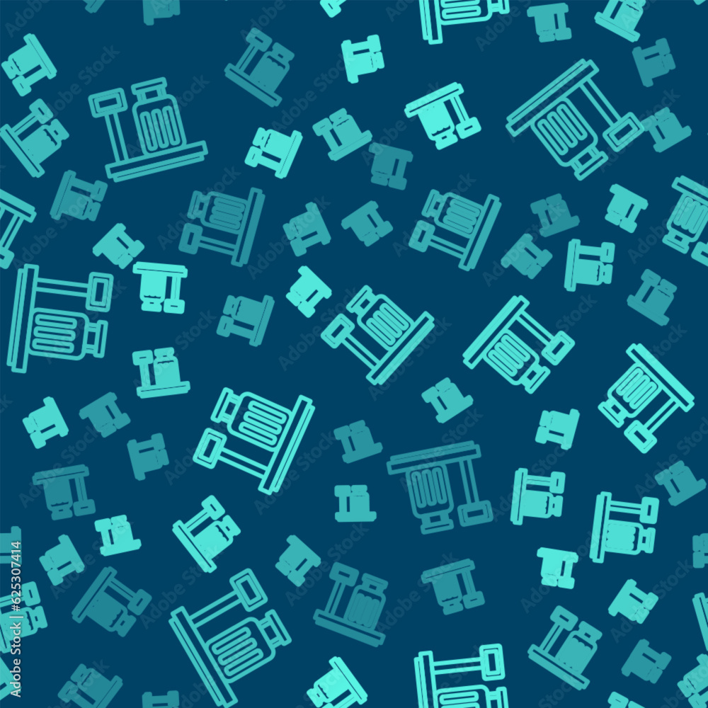 Green line Scale with suitcase icon isolated seamless pattern on blue background. Logistic and delivery. Weight of delivery package on a scale. Vector