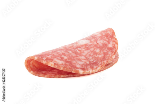 One piece of smoked cervelat sausage isolated on white background.