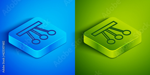 Isometric line Pendulum icon isolated on blue and green background. Newtons cradle. Square button. Vector