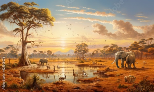  a painting of elephants and birds in a field with a sunset. generative ai