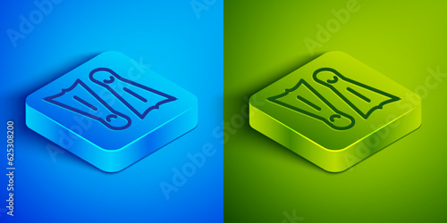 Isometric line Rubber flippers for swimming icon isolated on blue and green background. Diving equipment. Extreme sport. Diving underwater equipment. Square button. Vector