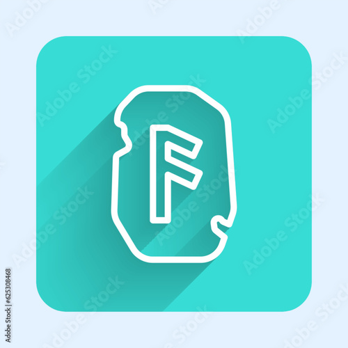 White line Magic rune icon isolated with long shadow background. Rune stone. Green square button. Vector © Kostiantyn
