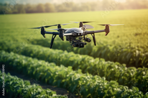 Smart Farming - eine Drohne fliegt eine Pflanzenkultur auf einem Feld ab. Generative AI.