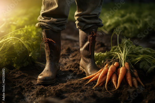 Karottenernte - geerntete Karotten liegen neben verschmutzten Gummistiefeln auf dem Feld. Generative AI photo