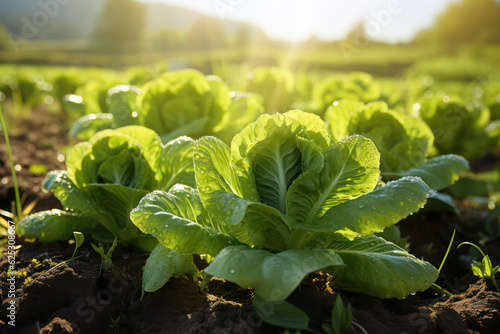 Gemüseanbau - knackig frischer Blattsalat auf einem Feld in der Nachmittagssonne, Generative AI
