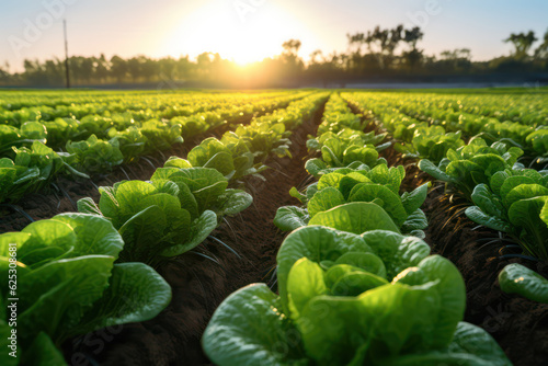 Gemüseanbau - knackig frischer Blattsalat auf einem Feld in der Morgensonne, Generative AI photo