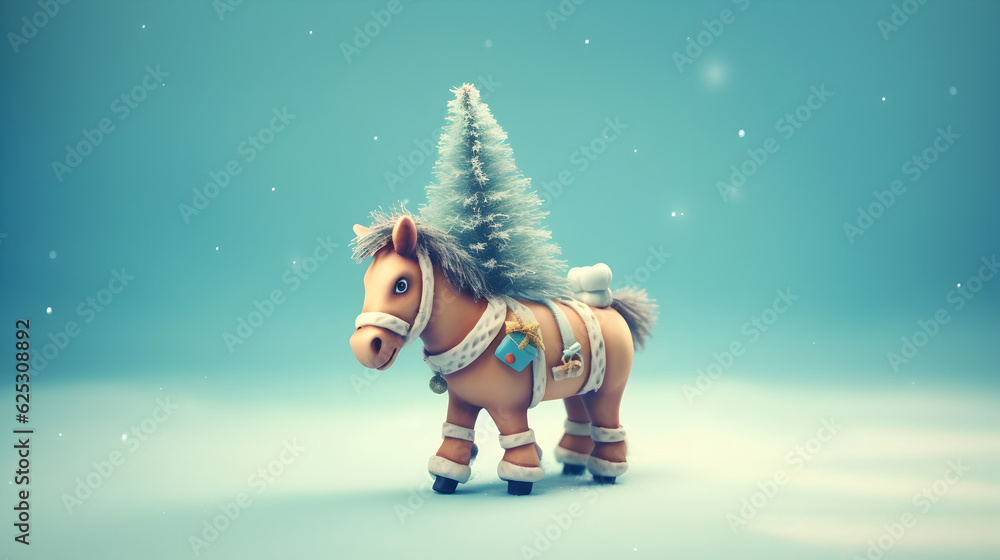 A toy horse with a Christmas tree on its back, on the snow. Snowy, pastel blue background. New Year and winter holiday concept. Generative AI
