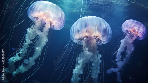  a group of jellyfish swimming in a tank at the aquarium.  generative ai © Anna