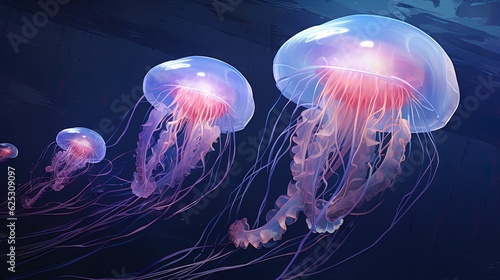  a group of jellyfish floating in a blue sea water. generative ai