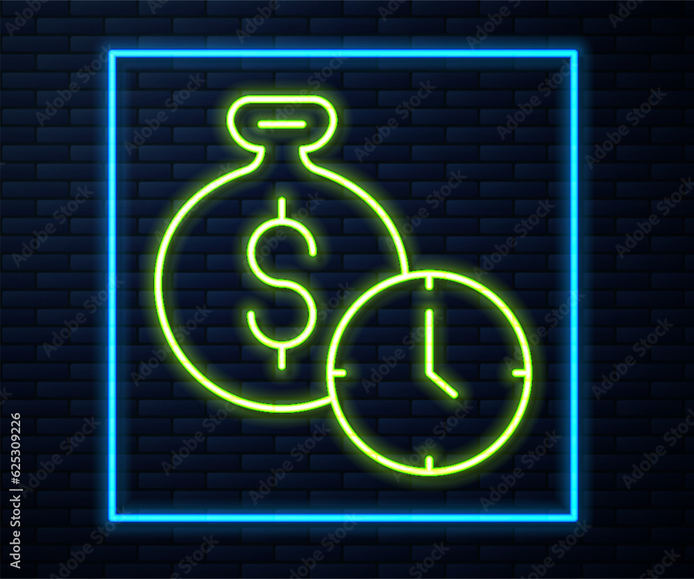 Glowing neon line Time is money icon isolated on brick wall background. Money is time. Effective time management. Convert time to money. Vector Glowing neon line Time is money icon isolated on brick wall background. Money is time. Effective time management. Convert time to money. Vector