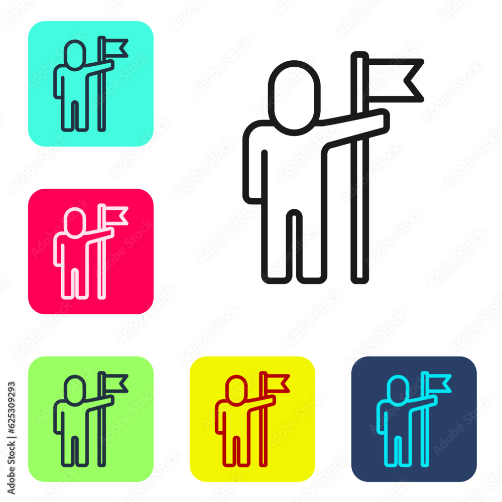Black line Man holding flag icon isolated on white background. Victory, winning and conquer adversity concept. Set icons in color square buttons. Vector Black line Man holding flag icon isolated on white background. Victory, winning and conquer adversity concept. Set icons in color square buttons. Vector