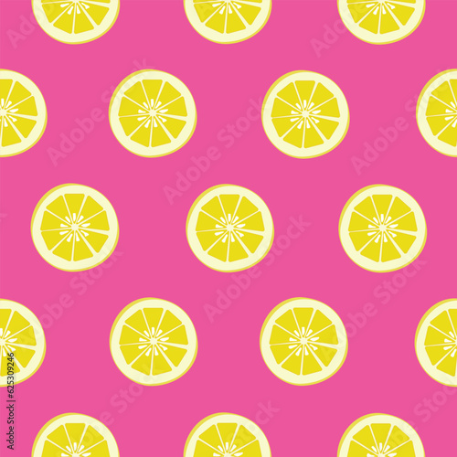 Lemon yellow slices on pink background, seamless, vector