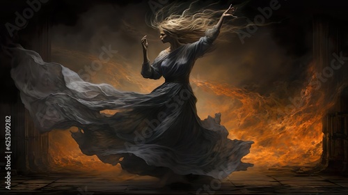 Woman dancing in a smoky dress whipping up light fire in the background; art, movement