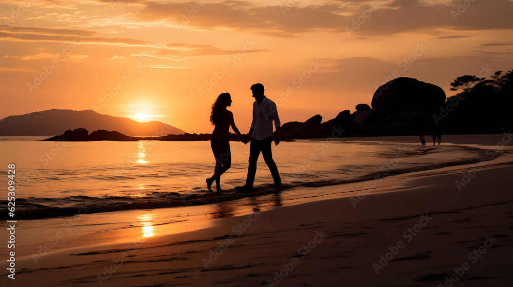 Obraz premium Silhouette of a young couple on the beach holding hands playfully during a sunset; romantic, young love, nostalgic
