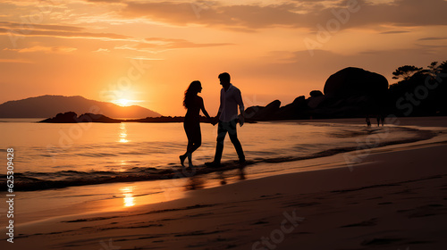 Silhouette of a young couple on the beach holding hands playfully during a sunset; romantic, young love, nostalgic