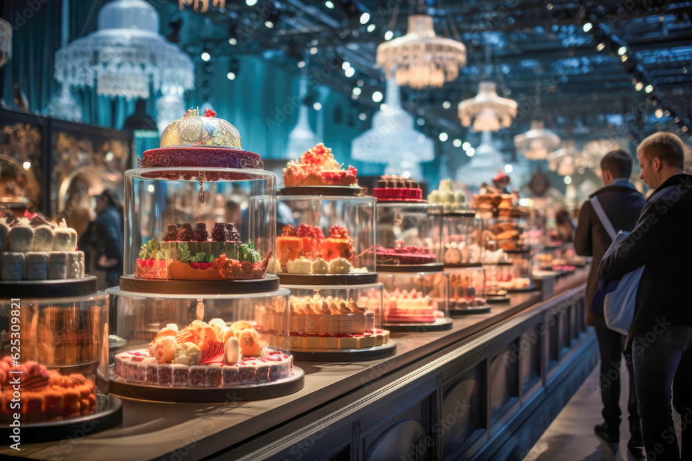Fototapeta premium Food festival dessert competition, where exquisite cakes and pastries adorn ornate stands, captivating all with their irresistible beauty and delectable flavors