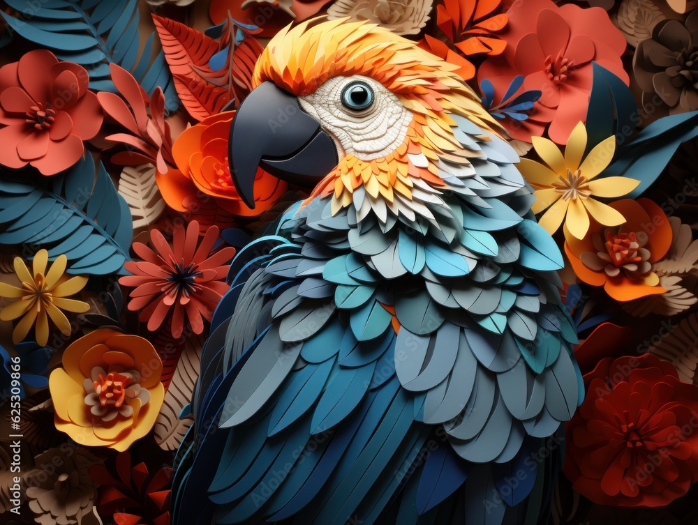 Fototapeta premium Acolourful parrot in a flower background.kirigami style