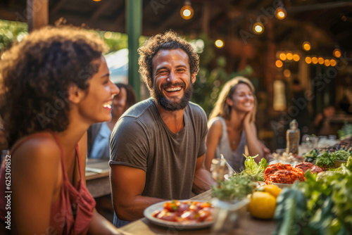 Friends enjoying fresh produce and artisanal snacks at a communal table at the farmers market, in a heartwarming moment of camaraderie