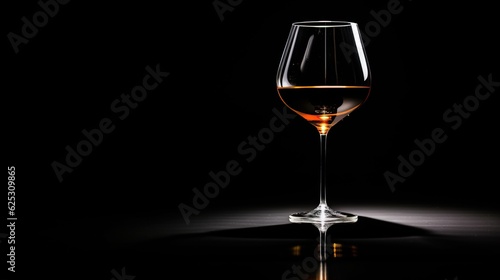  a glass of wine sitting on top of a black table. generative ai