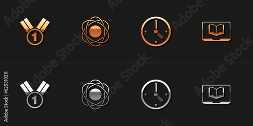 Set Medal, Atom, Clock and Online class icon. Vector