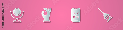 Set paper cut Round makeup mirror, Medical rubber gloves, Barber online service platform and Mop icon. Paper art style. Vector