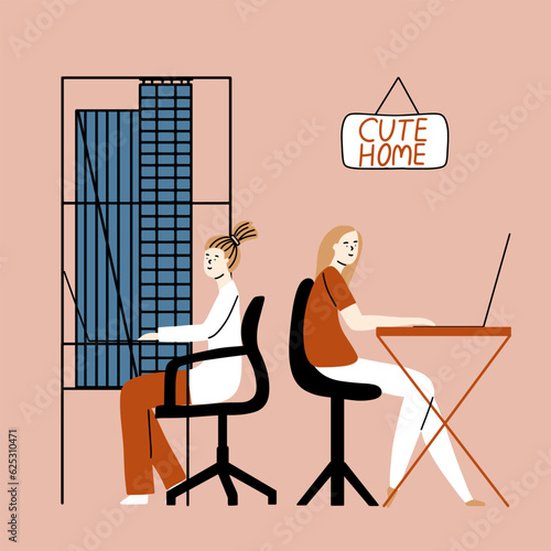 The concept of hybrid work. The trend towards remote professional activity. .Vector illustration in hand drawn style.