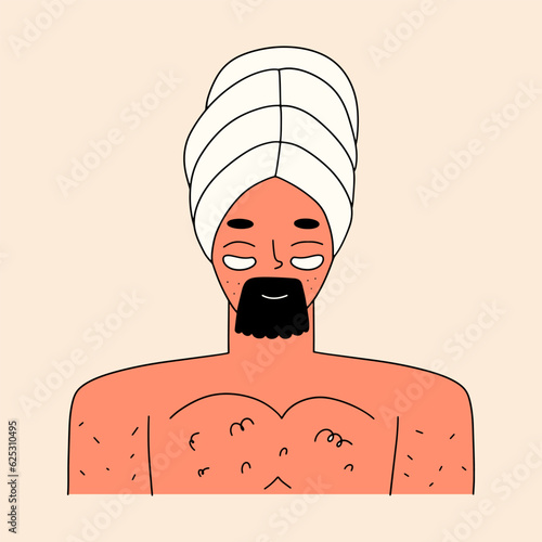 A man takes care of his skin concept. Hydrogel patches on the face. Vector illustration in flat style