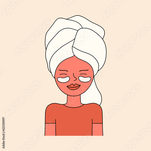 Young woman with eye patches. Taking care of your skin. Vector illustration