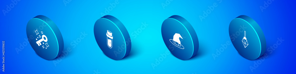Set Isometric Old magic key, Witch hat, Magic stone and Bottle with potion icon. Vector Set Isometric Old magic key, Witch hat, Magic stone and Bottle with potion icon. Vector