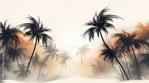  a painting of palm trees in a tropical setting with the sun behind them.  generative ai