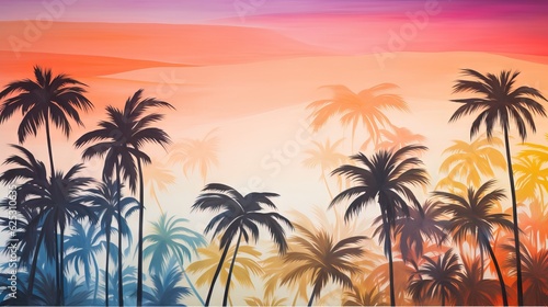  a painting of a sunset with palm trees and mountains in the background. generative ai