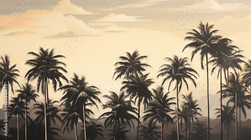  a painting of a palm tree forest with a sunset in the background.  generative ai © Anna